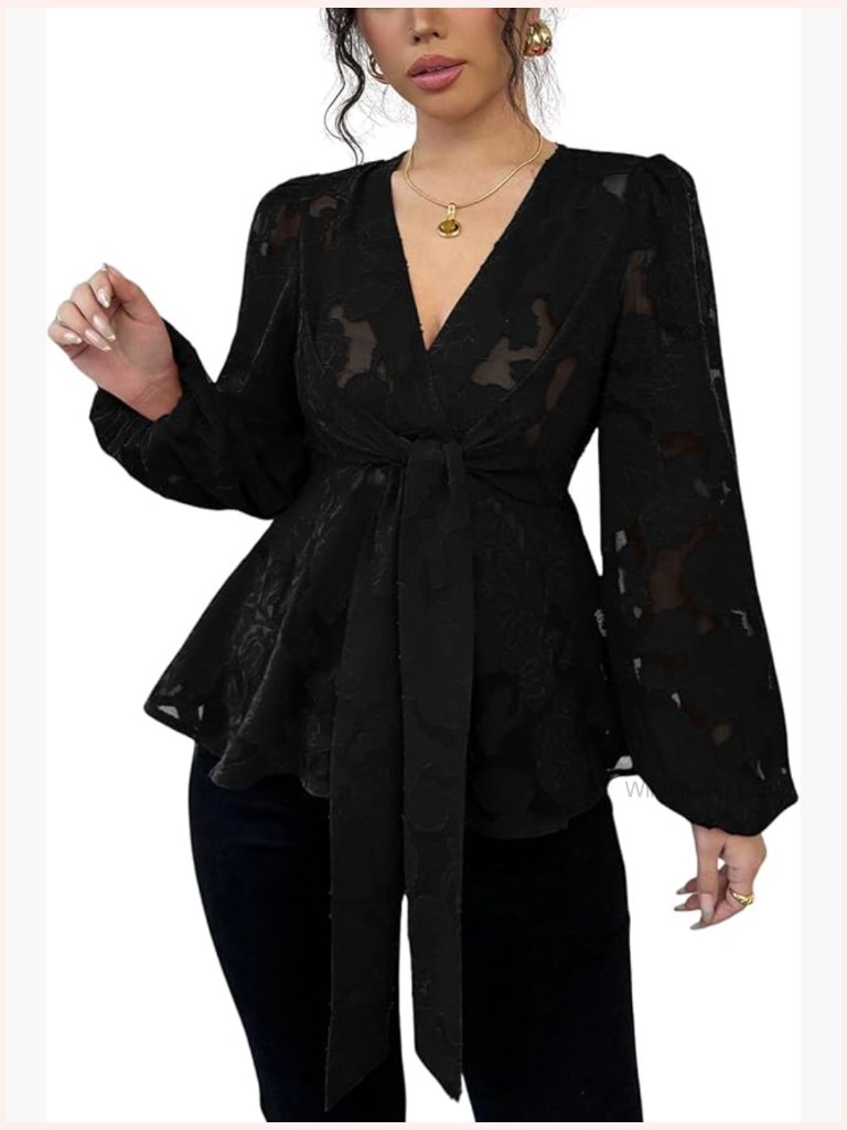 Floral Lace Lantern Sleeve Blouse V Neck Flared Peplum Top